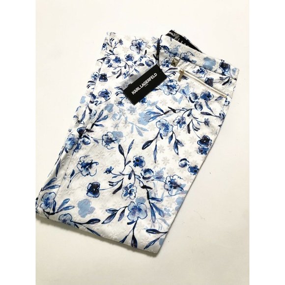Karl Lagerfeld Paris Floral Skinny Pants Blue White Ankle Crop Trousers Sz 8 NWT - Picture 3 of 9